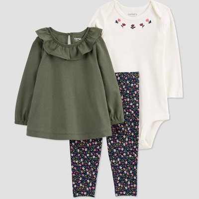Image of Carter's Just One You® Baby Girls' Floral Top & Bottom Set - Olive Green Newborn