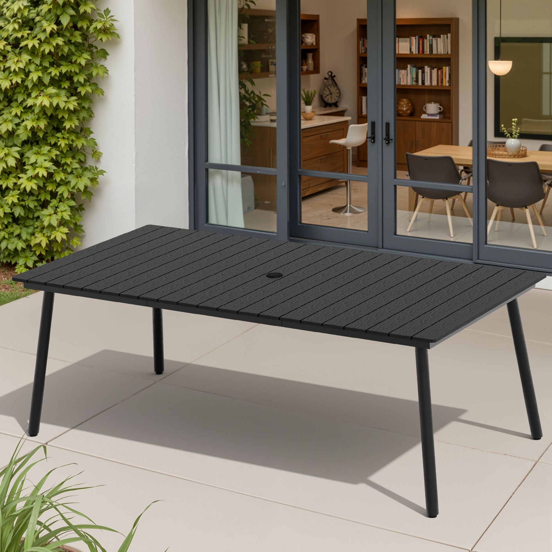 Pellebant 82.7-Inch Outdoor Rectangular Dining Table 6-8 People Aluminum Frame Wood-Look Top Umbrella Hole Black