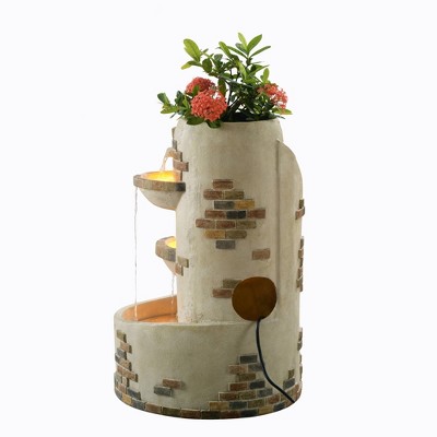 Ivory 3-Tier Cascading Outdoor Water Fountain with Planter and LED Lights
