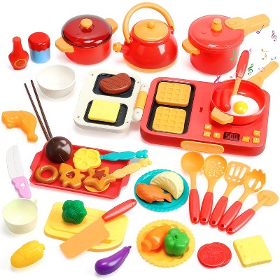 Skirfy 46 Pcs Kids Kitchen Accessories Playset with Light and Sound, Play Pots and Pans, Cooking Utensils, Kitchen Toys for Girls and Boys