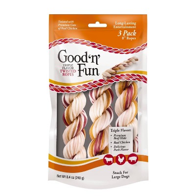 Good 'n' Fun Triple Flavor Twisted Ropes Rawhide with Beef, Pork and Chicken Flavors Dog Treats - 8.4oz