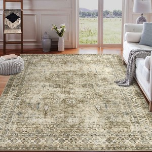 Area Rug Washable Rug Vintage Traditional Mat Distressed Indoor Foldable Accent Rug Floral Non Slip Low Pile Carpet - 1 of 4