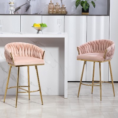 Angel Sar 2-Park Bar Stools Set, 26'' Modern Velvet Counter Height Bar Stools with Hand-Wave Back, Comfy Cushion