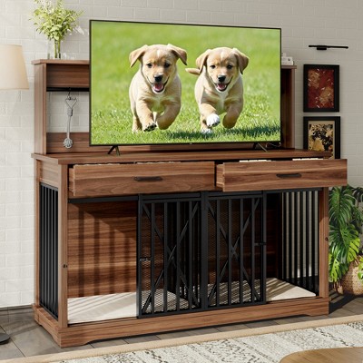 JUJABU 55.1" Dog Crate Furniture with Storage Drawers, Shelves and Divider,  for Large or 2 Medium Dogs, Lockable Cage, Brown