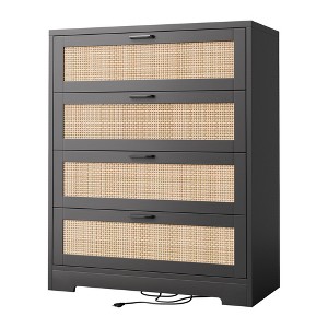 COZONY 4 Drawer Dresser for Bedroom, Rattan Tall Chest with Power Outlets, Modern Wood Drawer Organizer with Metal Handles for Living Room, Closet - 1 of 4