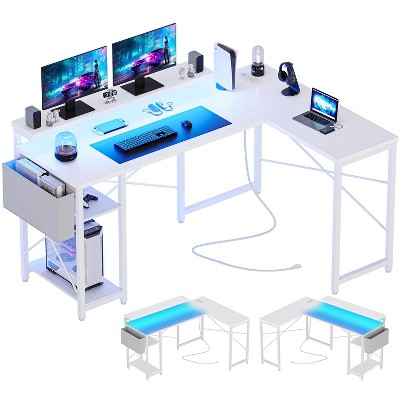 L Shaped Desk Gaming Desk with Storage Shelf,Led Strip and Power Outlet