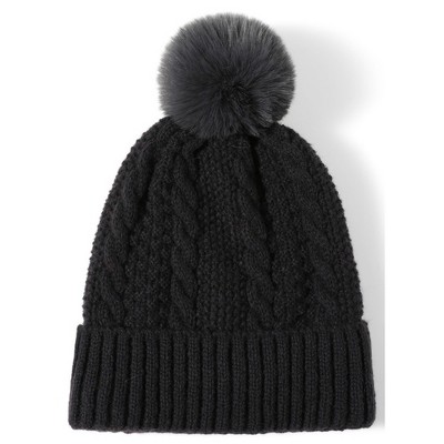 Women's Solid Color 100% Acrylic Cable Knit Hat with pom And Fleece Lining