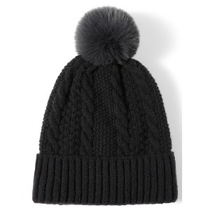 Women's Solid Color 100% Acrylic Cable Knit Hat with pom And Fleece Lining - 1 of 4