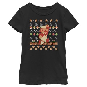 Girl's Nintendo Ugly Christmas Super Mario Pixel T-Shirt - 1 of 3