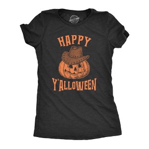 Womens Happy Y'alloween T Shirt Funny Halloween Jack-O-Lantern Cowboy Graphic Novelty Tee - Crazy Dog Women's T Shirt - 1 of 4