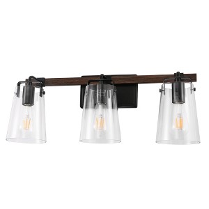 DORESshop 24 in. 3-Light Black and Faux Wood Vintage Farmhouse Vanity Light with Clear Glass Bell Shades for Bathroom - 1 of 4