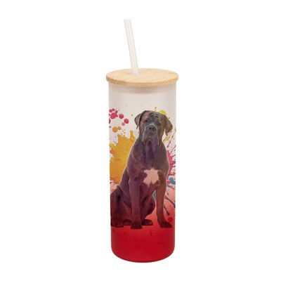 100 North 25 Ounce Frosted Glass Gradient Travel Tumbler With Straw & Wooden Lid, Cane Corso Dog Paint Splatter Red