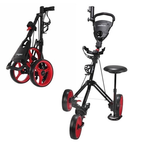 3 Wheel Foldable Push Pull Golf Cart Club Trolley w/ Seat Scoreboard Bag Red