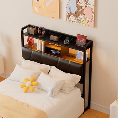 Aheaplus Upholstered Headboard with Storage Shelf, Charging Station and LED Light
