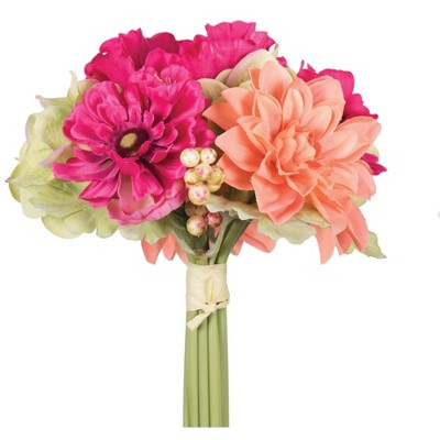 Vickerman 10" Artificial Polyester Pink, Orange, and Green Poppy and Dahlia Mixed Stem Bundle