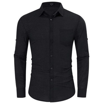 Mens Button Down Linen Shirts Casual Long Sleeve Dress Shirts Regular Fit Cotton Beach Yoga Shirts with Pocket