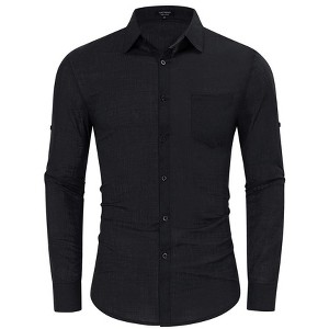 Mens Button Down Linen Shirts Casual Long Sleeve Dress Shirts Regular Fit Cotton Beach Yoga Shirts with Pocket - 1 of 4