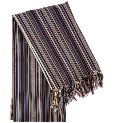 HomeRoots 39" X 71" Beige and Indigo Cotton Striped Turkish Towel Throw Blanket with Tassels