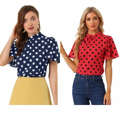INSPIRE CHIC Women's Polka Dots Stand Collar Pleat Keyhole Back Short Flare Sleeve Tops 2 Packs