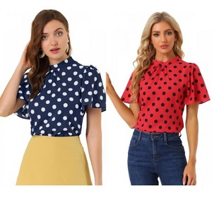 INSPIRE CHIC Women's Polka Dots Stand Collar Pleat Keyhole Back Short Flare Sleeve Tops 2 Packs - 1 of 4