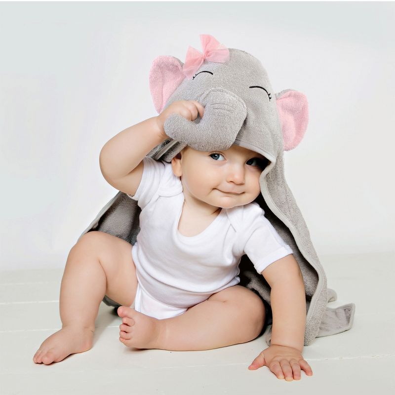 Hudson Baby Infant Girl Cotton Animal Face Hooded Towel, Pretty Elephant, One Size, 3 of 4