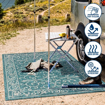 Teal & Gray Vintage Boho-Chic Filigree 9'x12' Indoor/Outdoor Rug