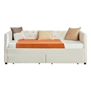 Sofa bed with drawers, modern velvet upholstered sofa bed with button tufted sofa bed frame with double drawers, bedroom living room furniture - 1 of 3