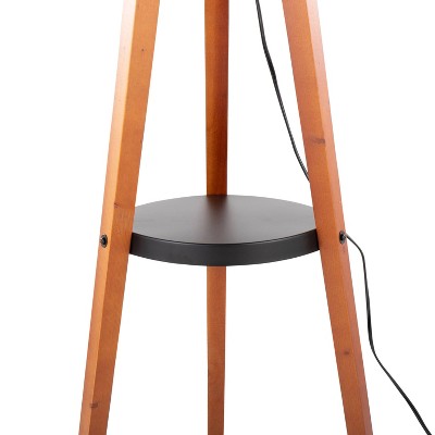 Walnut Wood Black Linen Tripod Floor Lamp with Shelf