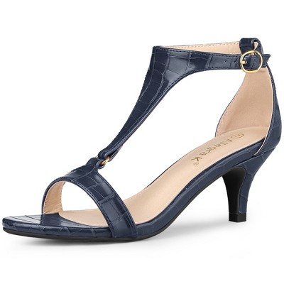 Allegra K Women's T-Strap Buckle Closure Embossed Kitten Heel Sandals