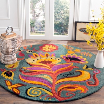 Handmade Blue Floral Tufted Wool Round Area Rug