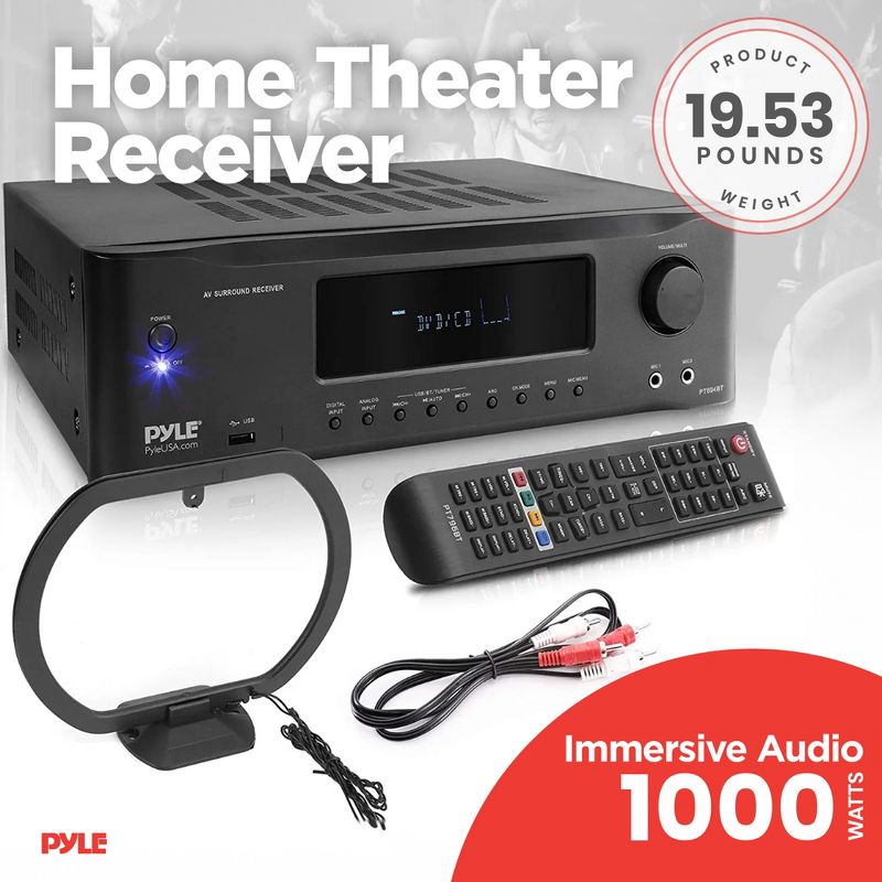 Pyle 7.1-Ch Hi-Fi Bluetooth Amplifier Home Audio - 2000 Watt AV Receiver Speaker Subwoofer Surround Sound Receiver with Radio, USB, RCA, HDMI, MIC IN, 3 of 7