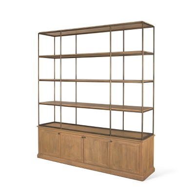 HomeRoots 82" Antiqued Brass And Light Brown Distressed Metal and Solid Wood Three Tier Bookcase with Four Doors