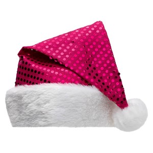 Northlight  Adult Sequined Christmas Santa Hat with Faux Fur Cuff  - One Size - Pink and White - 1 of 4