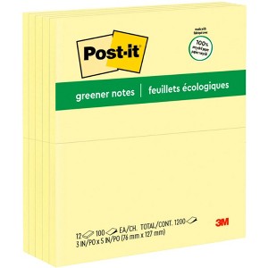 Post-it Recycled Paper Greener Notes, 3 x 5 Inches, Canary Yellow, Pad of 100 Sheets, Pack of 12 - 1 of 3