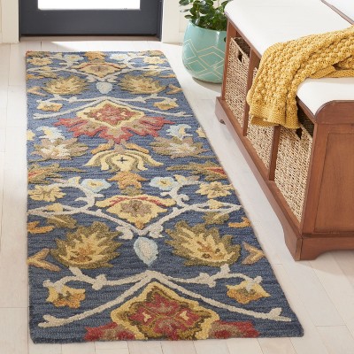 Handmade Navy Wool Runner Rug with Floral Pattern
