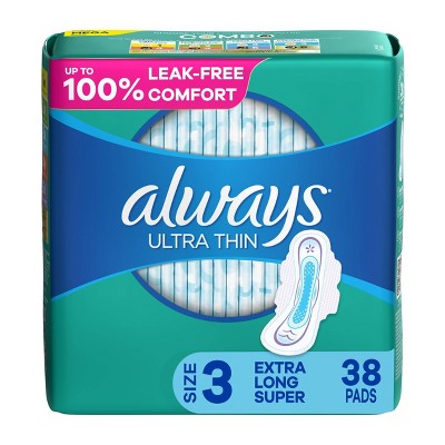 Always Ultra Thin Pads Extra Super Long Absorbency Unscented with Wings - Size 3 - 38ct