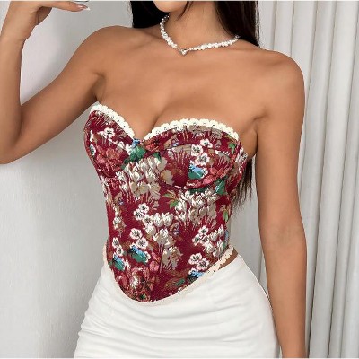 MOCAMEL Vintage floral print wrap-neck lace tie French niche fishbone tank top