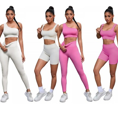 INSPIRE CHIC 2 Sets Women's Exercise Yoga Outfits Scoop Neck Seamless Ribbed Shorts High Waist Shapers