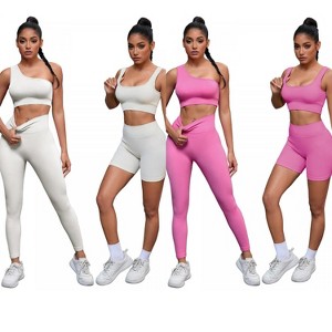 INSPIRE CHIC 2 Sets Women's Exercise Yoga Outfits Scoop Neck Seamless Ribbed Shorts High Waist Shapers - 1 of 4