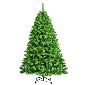 Costway 6.5ft Green Flocked Hinged Artificial Christmas Tree w/ Metal Stand Green - 1 of 4
