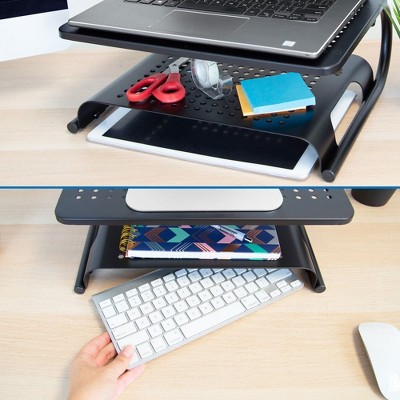 Black Metal Two-Tier Desktop Monitor Stand with Vented Design