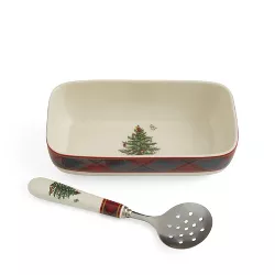 Spode Christmas Tree Tartan Rectangle Server with Slotted Spoon - 8 Inch