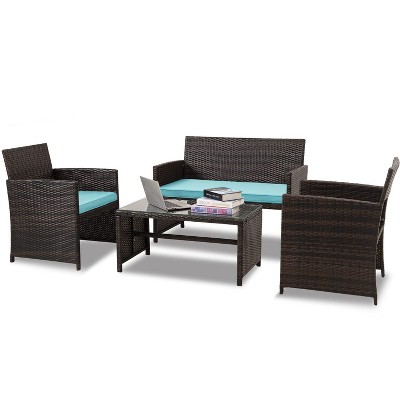 FIONECA Deluxe 4-Piece Patio Furniture Set ¨C Brown Rattan Outdoor Conversation Set with Navy Blue Cushions & Table