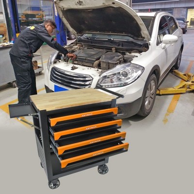 Multi-Functional Tool Cart With Wheels And Wooden Top 4 Drawers Rolling Tool Chest With Adjustable Shelf For Garage Tool Organizer