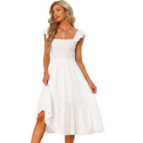 Allegra K Women's Square Neck Ruffle Trim Flowy Smocked Midi Dress : Target