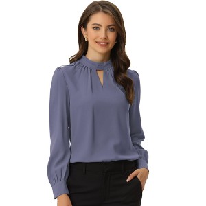 INSPIRE CHIC Women's Office Keyhole Elegant Stand Collar Long Sleeve Back Neck Button Blouse - 1 of 4