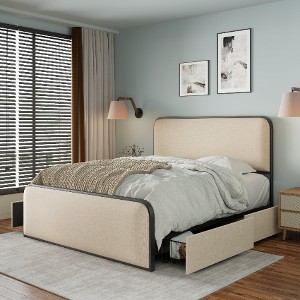 Lyngins Modern Metal Platform Bed with Curved Upholstered Headboard & Footboard, Bed Frame with Under Bed Storage, Heavy Duty Metal Slats - 1 of 4