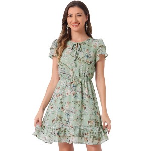 INSPIRE CHIC Women's Ruffle Sleeve Self-Tie V Neck Mini A-Line Floral Dress - 1 of 4