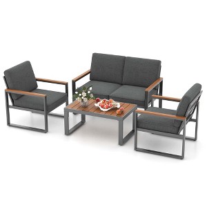 Costway 4 PCS Patio Aluminum Furniture Set Wood-Plastic Armrests & Tabletop for Balcony - 1 of 4