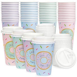 Blue Panda 48 Pack Disposable Coffee Cups With Lids for Donut Grow Up Party Supplies, 16 oz, 4 Pastel Designs - 1 of 4